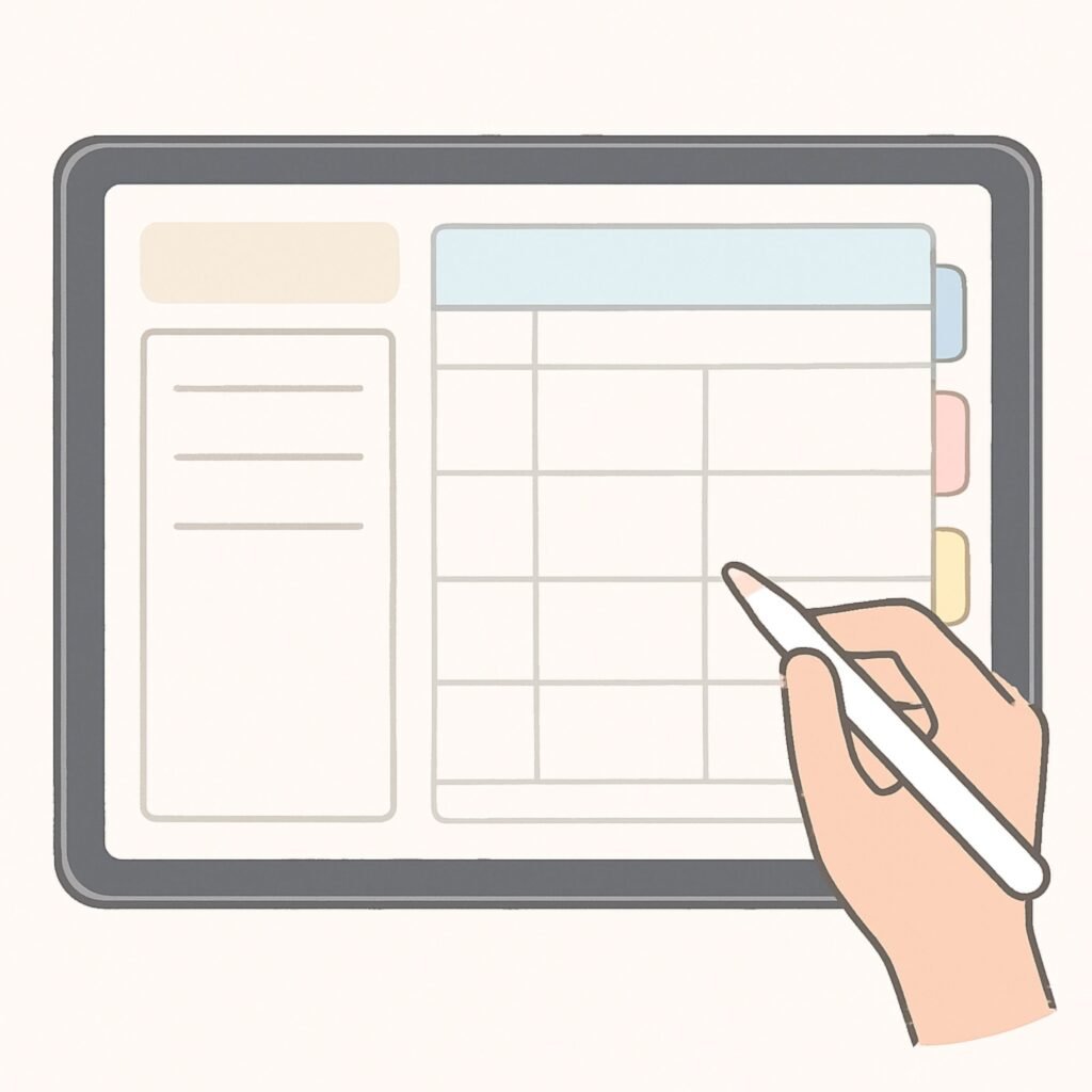 Tapping hyperlinked tabs in a digital planner inside GoodNotes on iPad