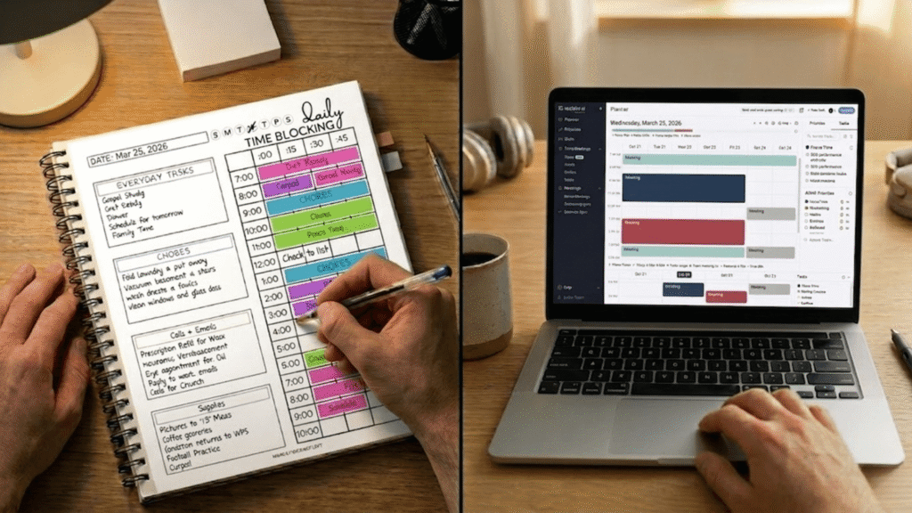 ADHD Calendar Chaos vs Organised Schedule Before and after — ADHD calendar overwhelm solved by AI scheduling showing chaotic meetings vs organised focus blocks
