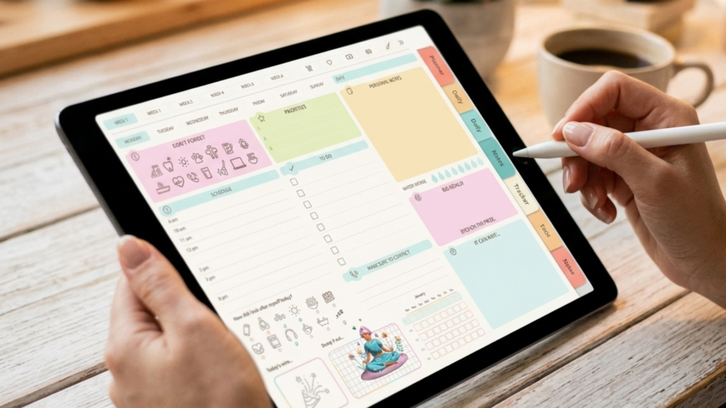 ADHD Digital Planner Hyperlinked Navigation Hyperlinked digital planner on iPad showing colourful one-tap navigation tabs — ADHD-friendly planning tool