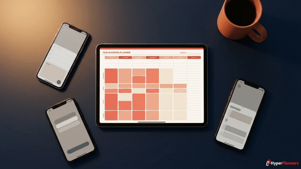 Best Time Blocking Apps ADHD 2026 Comparison Best time blocking apps for ADHD in 2026 — iPad digital planner compared to productivity apps on a dark desk flat lay