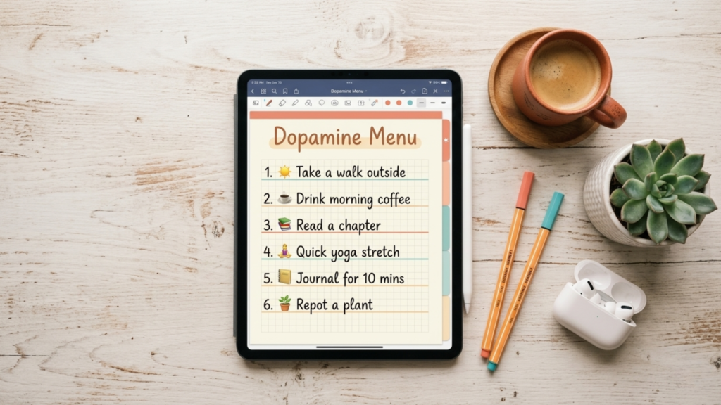 Dopamine Menu for ADHD built inside a hyperlinked digital planner on iPad — cozy desk flat lay with coffee and plant
