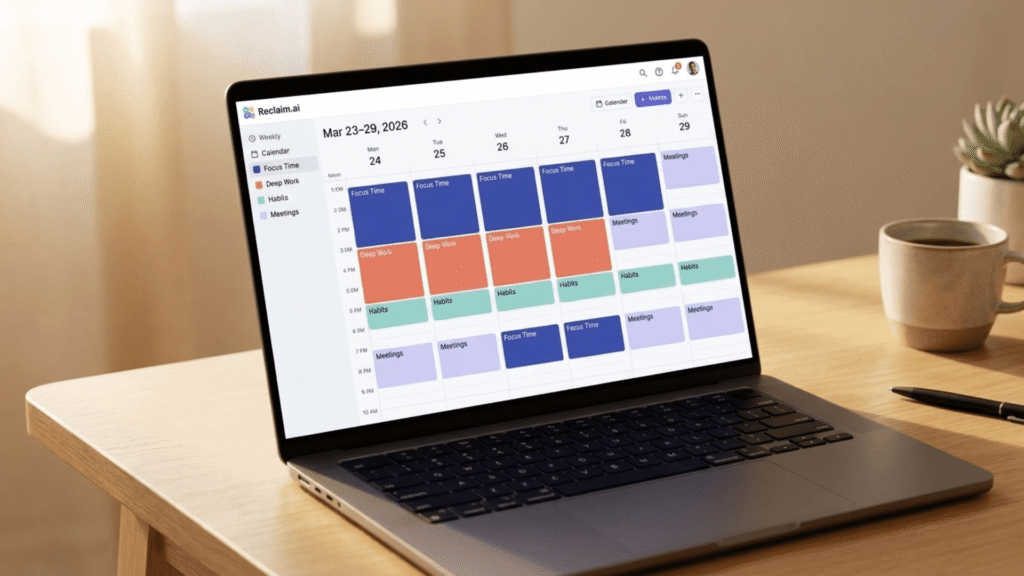 Reclaim AI Focus Time Habits Weekly Calendar Reclaim.ai weekly calendar view showing AI-defended focus time blocks, habit slots, and meeting buffers