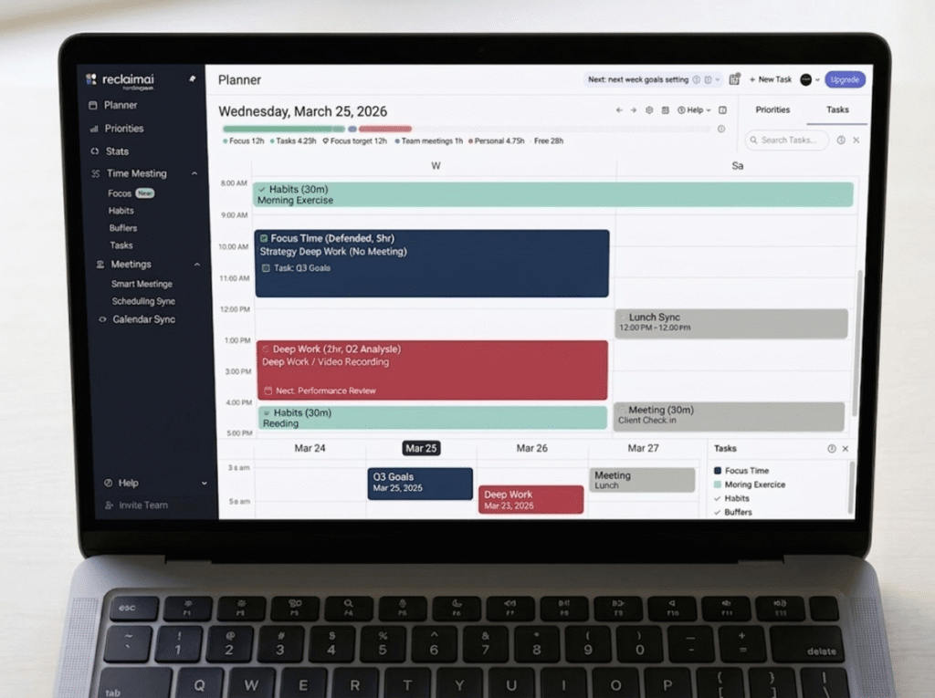 Reclaim AI Review ADHD Calendar 2026 Reclaim.ai AI calendar showing colour-coded focus time and habit blocks on a laptop — ADHD scheduling review 2026