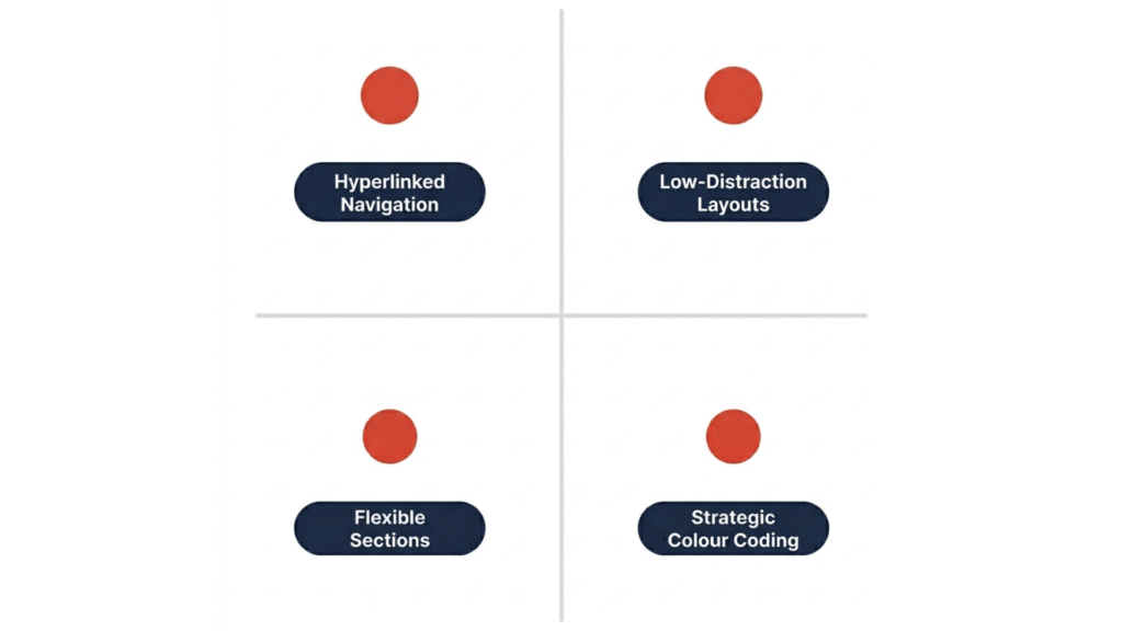 Four features that make a digital planner neurodivergent friendly: hyperlinks, low-distraction layouts, flexible sections, strategic colour coding