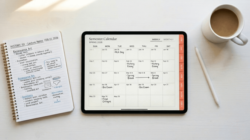 University student iPad setup showing a digital semester planner open in GoodNotes on a clean study desk