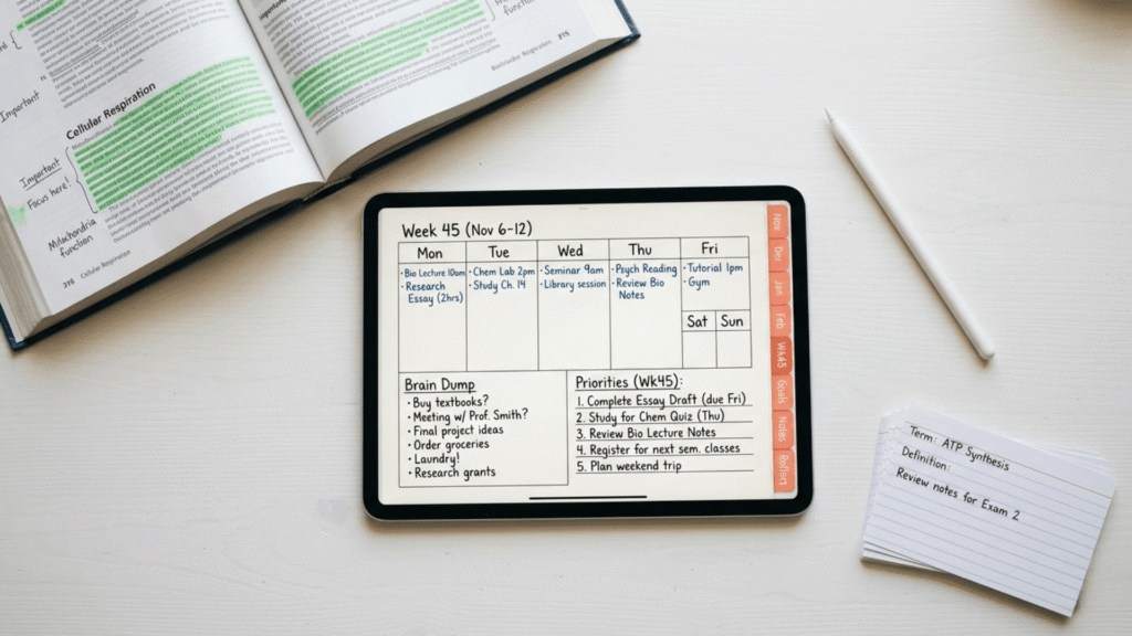 College student iPad setup showing a digital planner with weekly layout and brain dump section open in GoodNotes
