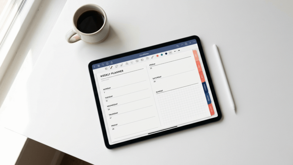 iPad with GoodNotes open showing a minimal weekly digital planner layout, Apple Pencil beside it on a clean desk