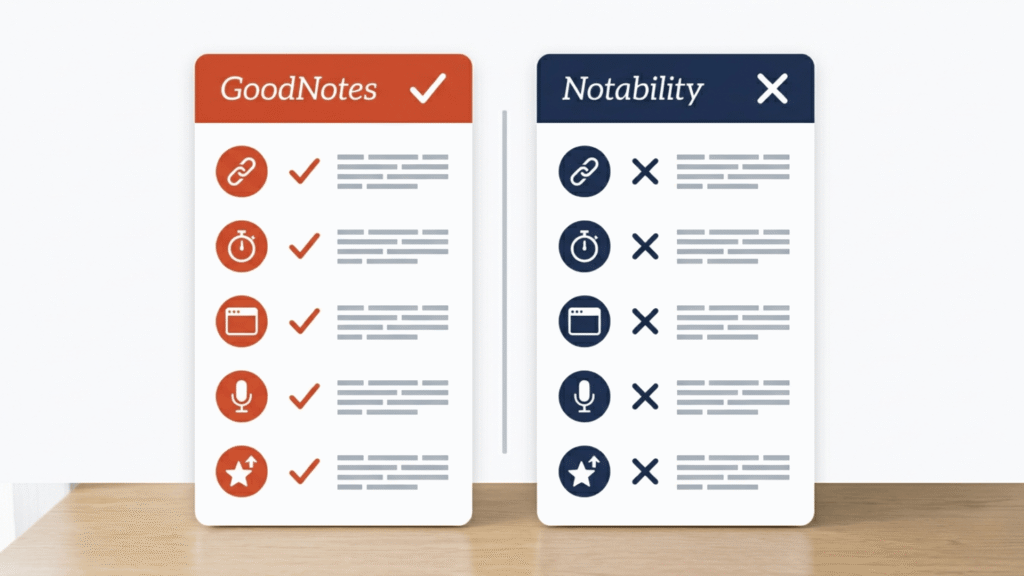 Side-by-side comparison of GoodNotes and Notability for ADHD planning covering speed, hyperlinks, interface, and audio