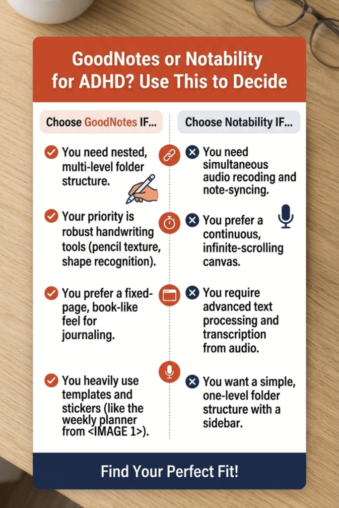 Decision guide for choosing between GoodNotes and Notability for ADHD digital planning on iPad