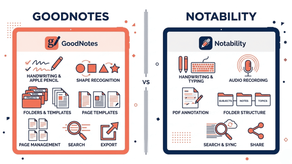 Side-by-side comparison of GoodNotes and Notability apps for using an ADHD digital planner on iPad