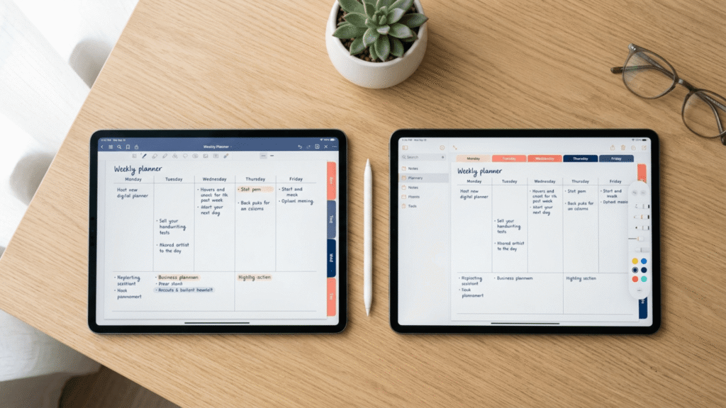 Two iPads side by side showing GoodNotes and Notability with a hyperlinked digital planner open for ADHD comparison