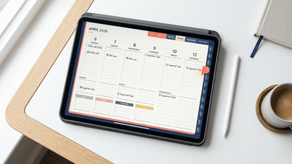 iPad displaying a hyperlinked digital planner with clickable tab navigation on a clean desk