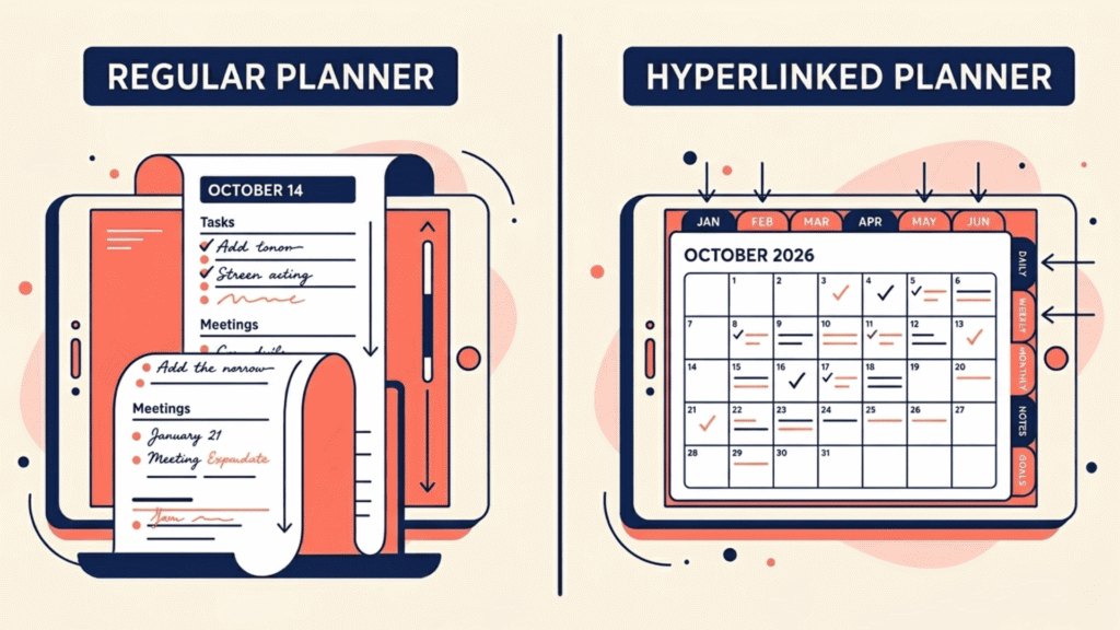 Side-by-side comparison of a regular digital planner and a hyperlinked digital planner on iPad