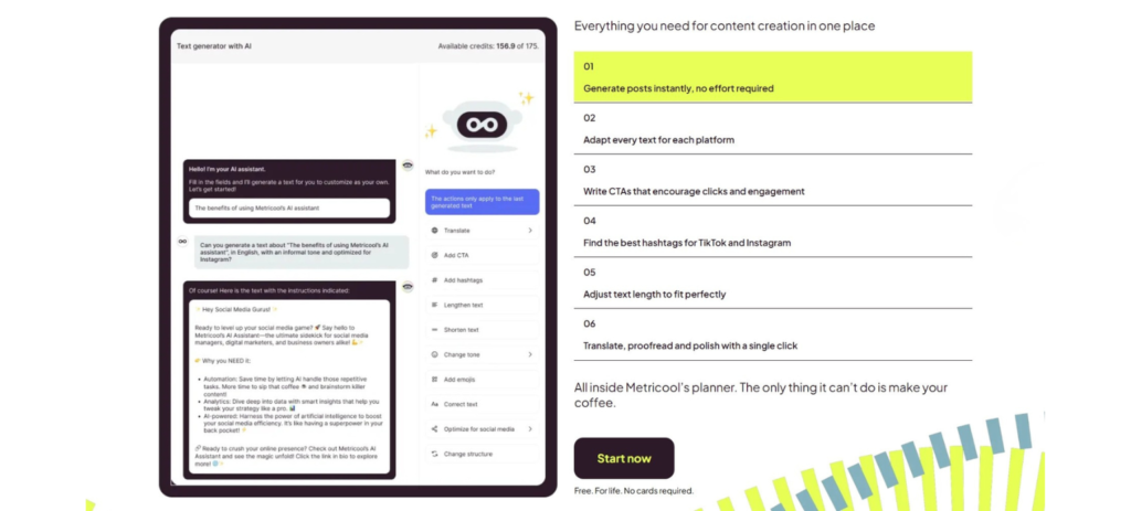 Metricool AI assistant generating social media captions and hashtag suggestions for a post