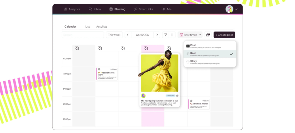 Metricool Instagram post scheduling interface showing caption hashtags and visual preview
