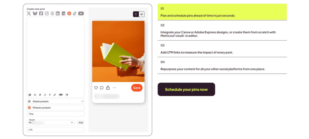 Metricool Pinterest scheduling screen showing board selection pin title and destination URL fields