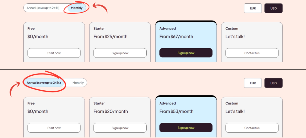 Metricool pricing plans comparison showing free starter and advanced plan features and costs