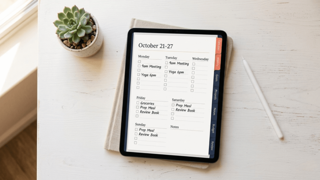 iPad showing a minimal neurodivergent friendly digital planner layout with Apple Pencil on a clean warm desk