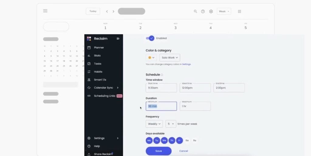 Reclaim.ai calendar dashboard automatically scheduling tasks and focus time for ADHD adults