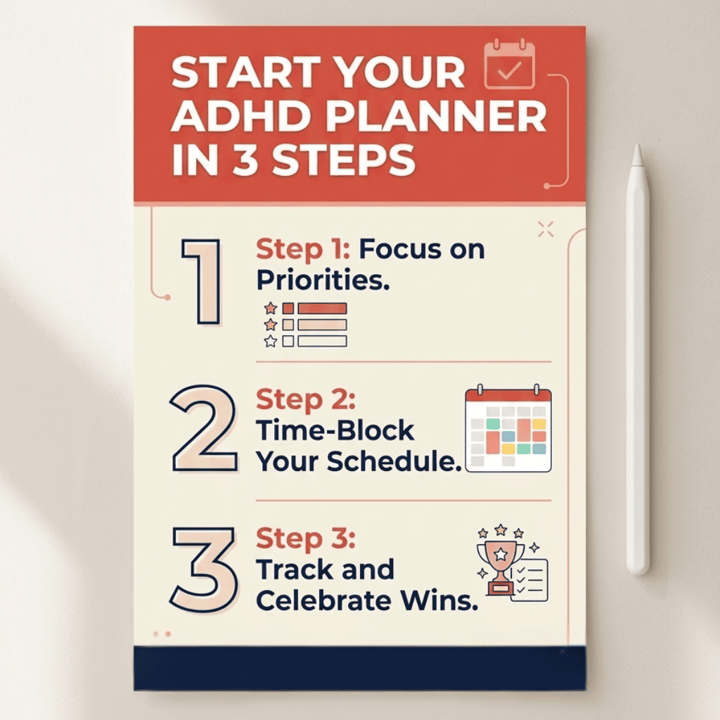 3-step quick start guide for using an ADHD-friendly hyperlinked digital planner