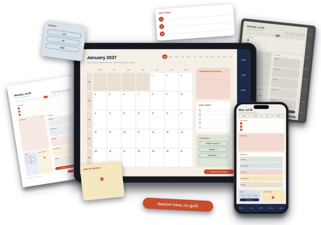 2027 ADHD Digital Planner on a tablet, a phone, an e-ink tablet and a printed page, with its Top 3, Energy, Win of the day and Restart cards floating around the devices