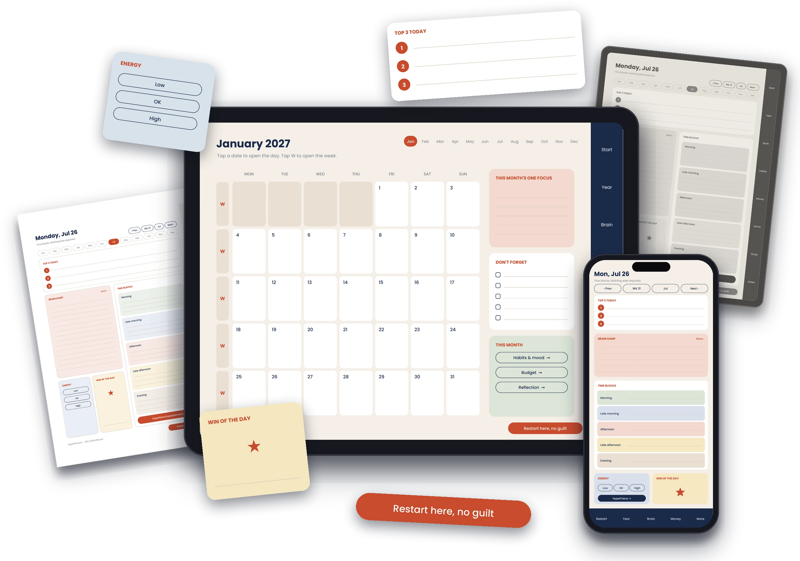 hero_adhd_transparent 2027 ADHD Digital Planner, Hyperlinked digital planner on a tablet, a phone, an e-ink tablet and a printed page, with its Top 3, Energy, Win of the day and Restart cards floating around the devices