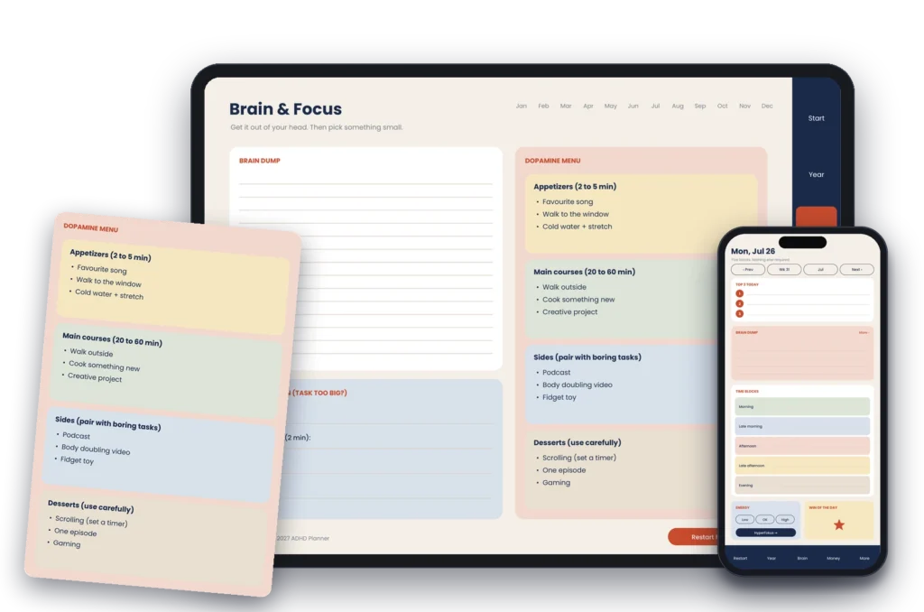 ADHD digital planner Brain & Focus page on a tablet with the Dopamine Menu card and a phone day view
