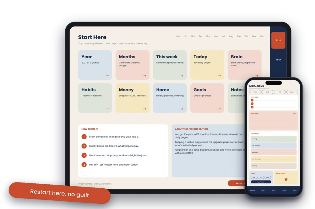 Beginner digital planner Start Here page on a tablet and phone with the Restart here, no guilt button
