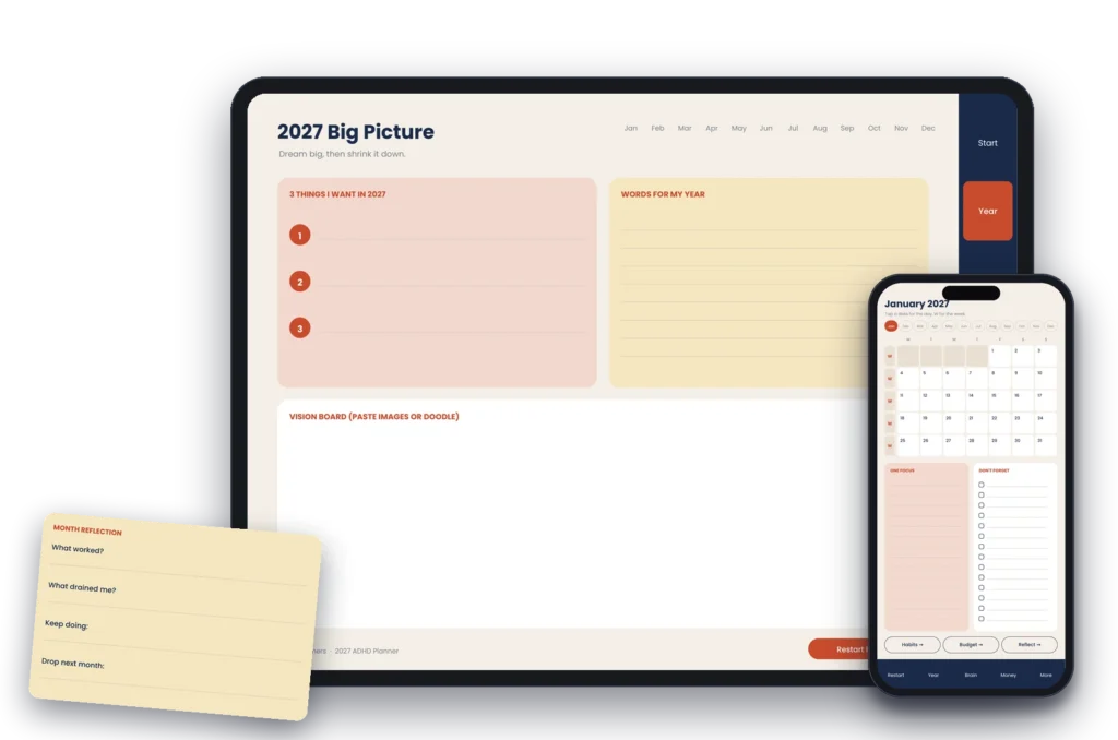 Professional digital planner 2027 Big Picture goals page with the Month Reflection card and a phone month view
