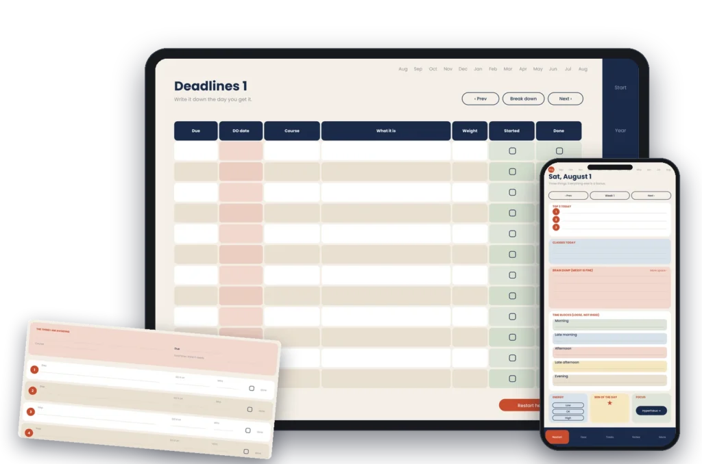 Student digital planner deadlines page with DO dates, Break It Down steps and a phone day view