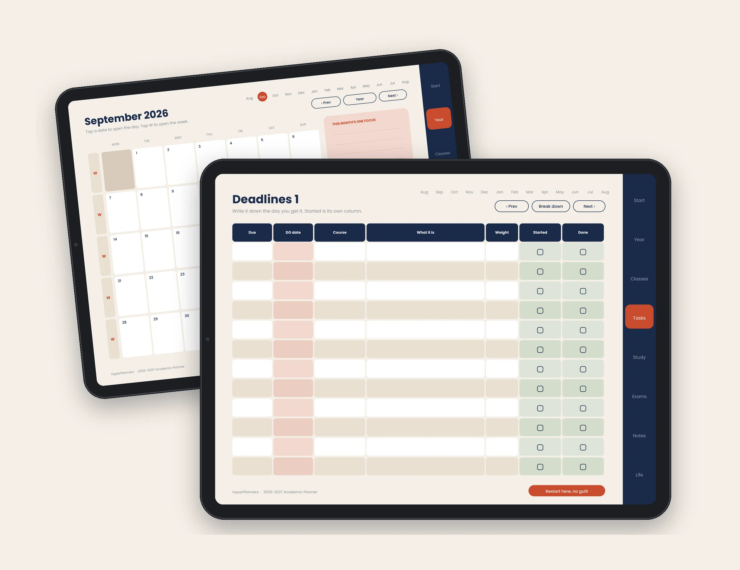 2026-2027 academic digital planner daily and monthly pages on tablets