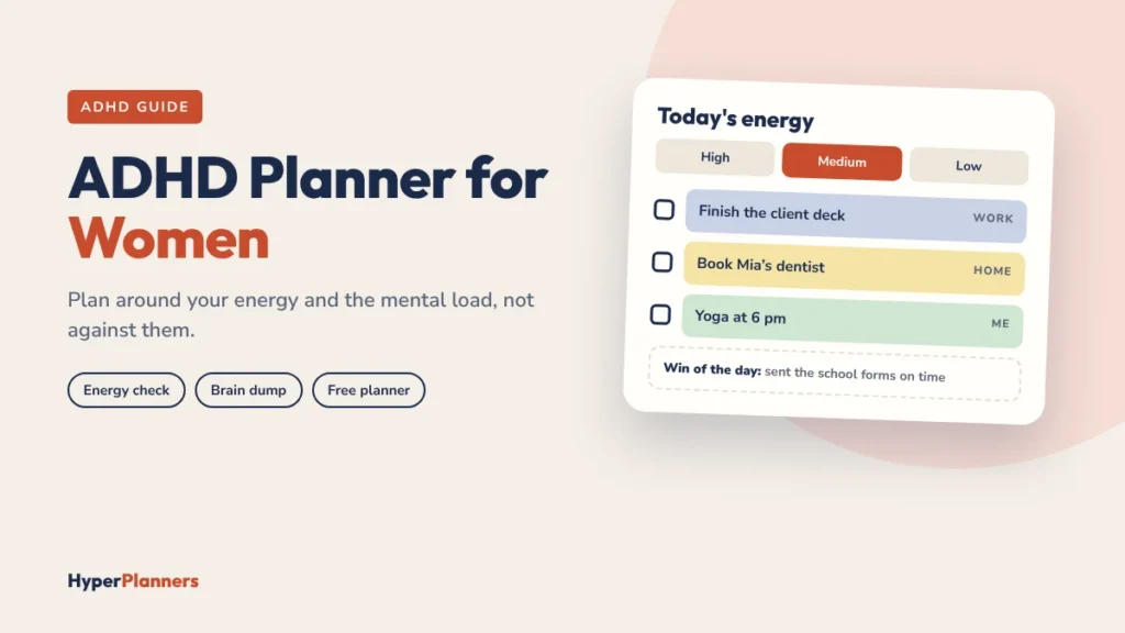 ADHD planner for women with an energy check, Top 3 and win of the day