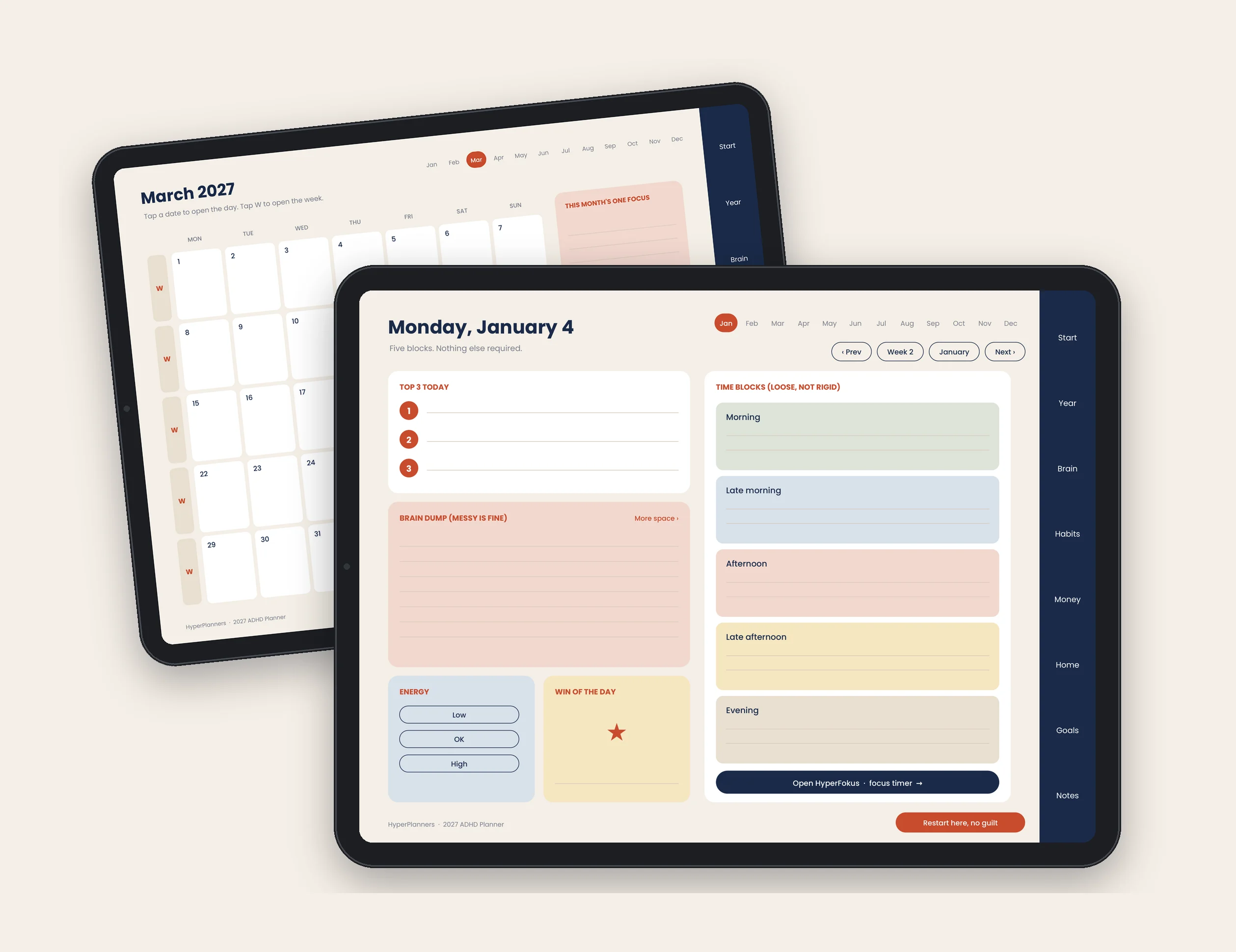 2027 ADHD digital planner daily and monthly pages on tablets