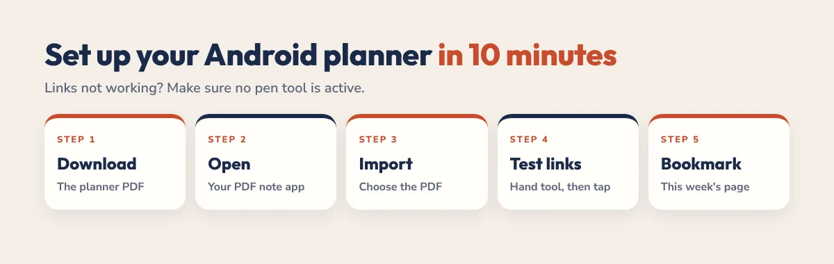 Set up an Android digital planner in 10 minutes: download, open, import, test links, bookmark