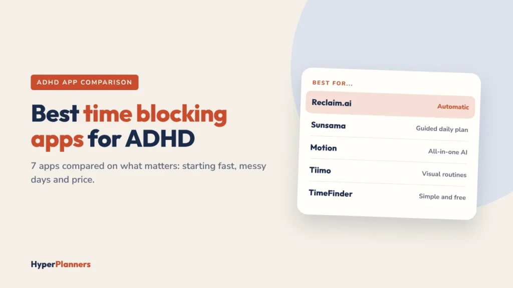 Best time blocking apps for ADHD: Reclaim, Sunsama, Motion, Tiimo and TimeFinder compared