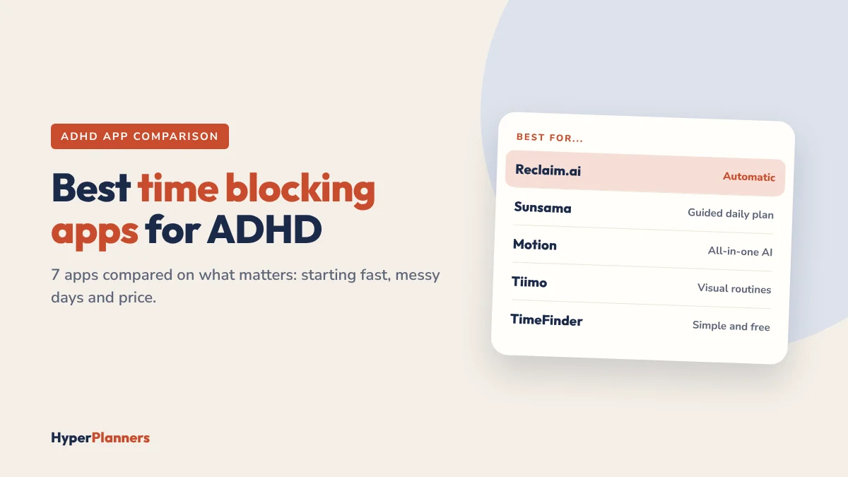 Best time blocking apps for ADHD: Reclaim, Sunsama, Motion, Tiimo and TimeFinder compared
