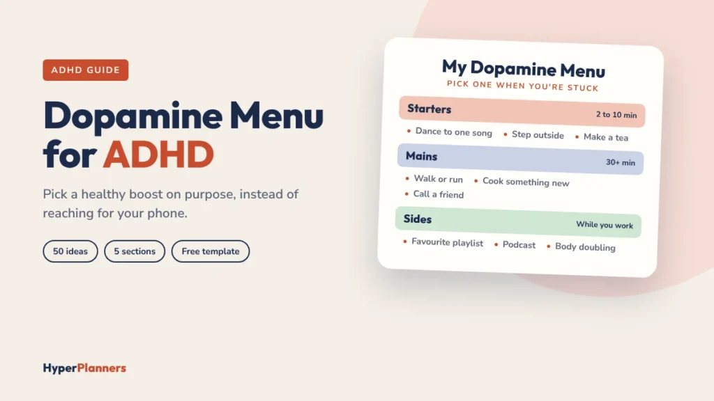 Dopamine menu for ADHD: a menu card with starters, mains and sides