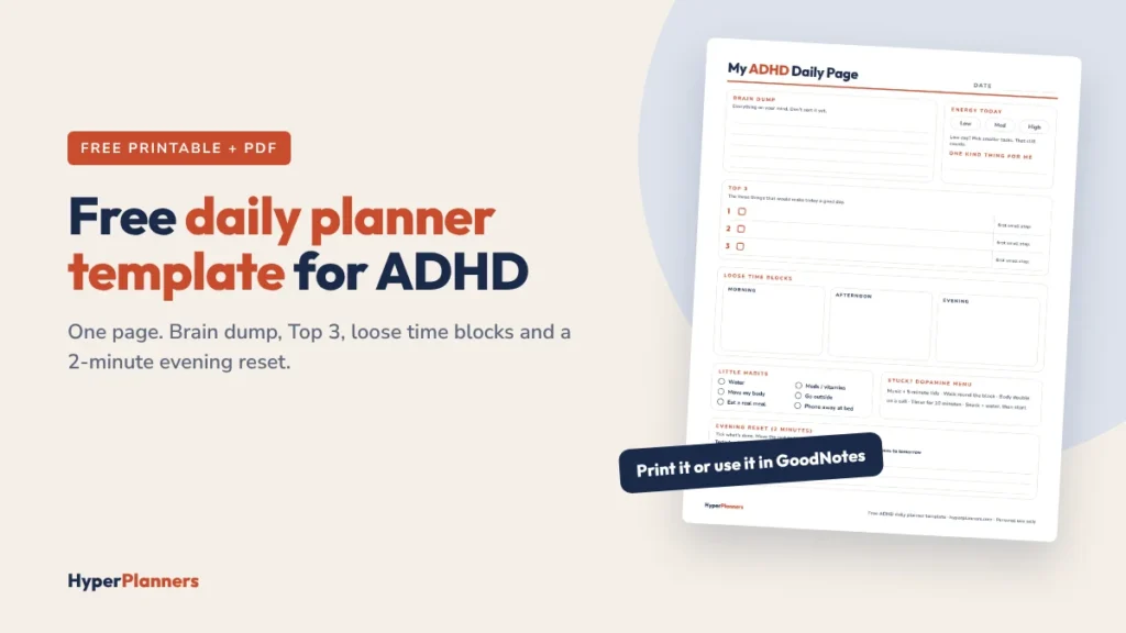 Free ADHD daily planner template: printable one-page PDF that also works in GoodNotes