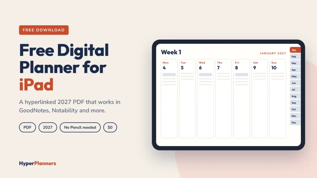 Free digital planner for iPad showing a hyperlinked 2027 weekly page with month tabs
