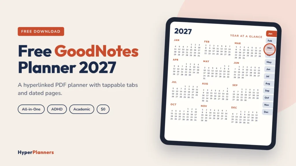 Free GoodNotes planner 2027 on an iPad, showing a hyperlinked year at a glance page with month tabs