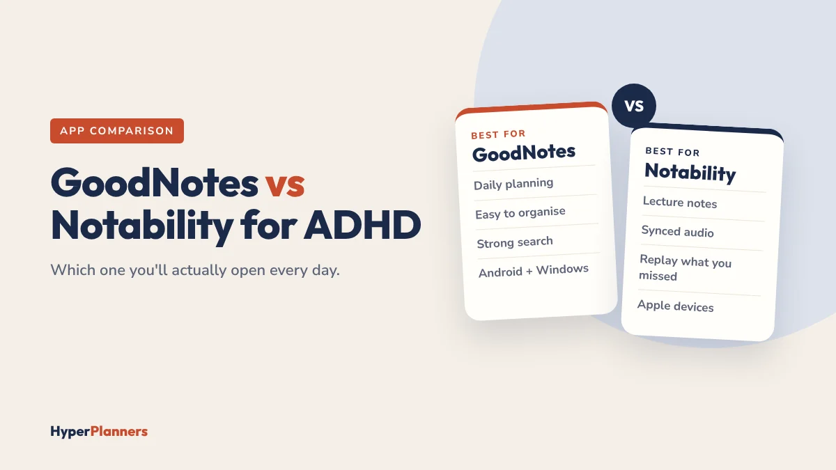 GoodNotes vs Notability for ADHD: GoodNotes for daily planning and organisation, Notability for lecture notes with synced audio