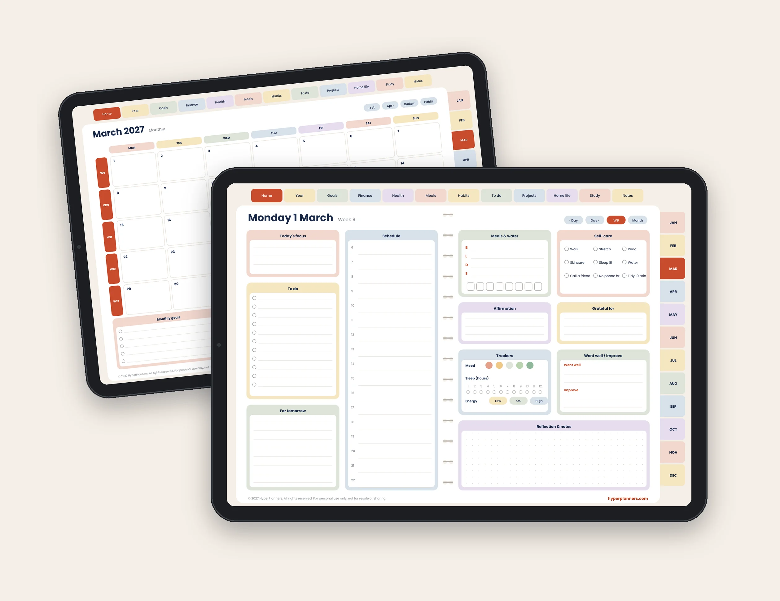 2027 all-in-one digital planner daily and monthly pages on tablets
