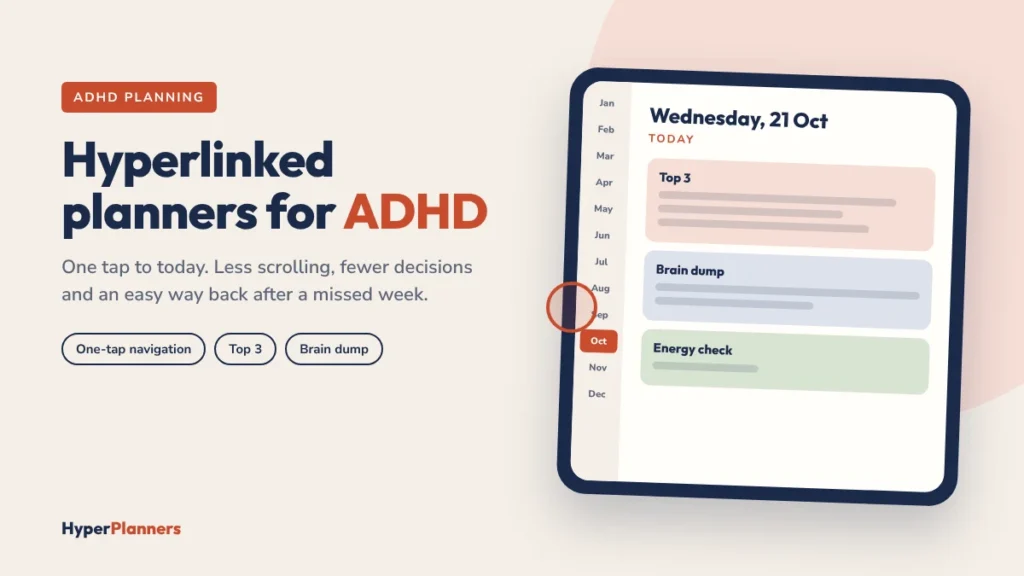 Hyperlinked digital planner for ADHD on a tablet with one-tap month tabs, Top 3, brain dump and energy check