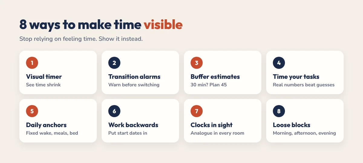8 ways to make time visible with ADHD: visual timer, transition alarms, buffers, timing tasks, anchors, working backwards, clocks, loose blocks