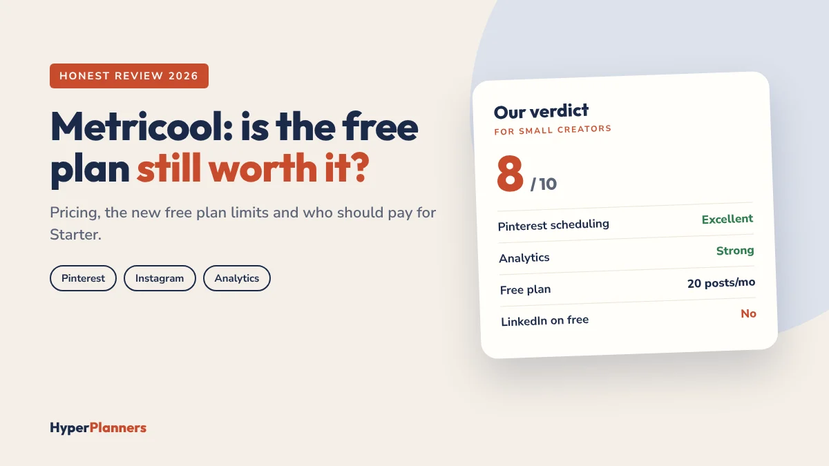 Metricool review 2026 verdict card: 8 out of 10, excellent Pinterest scheduling, 20 free posts a month, no LinkedIn on the free plan
