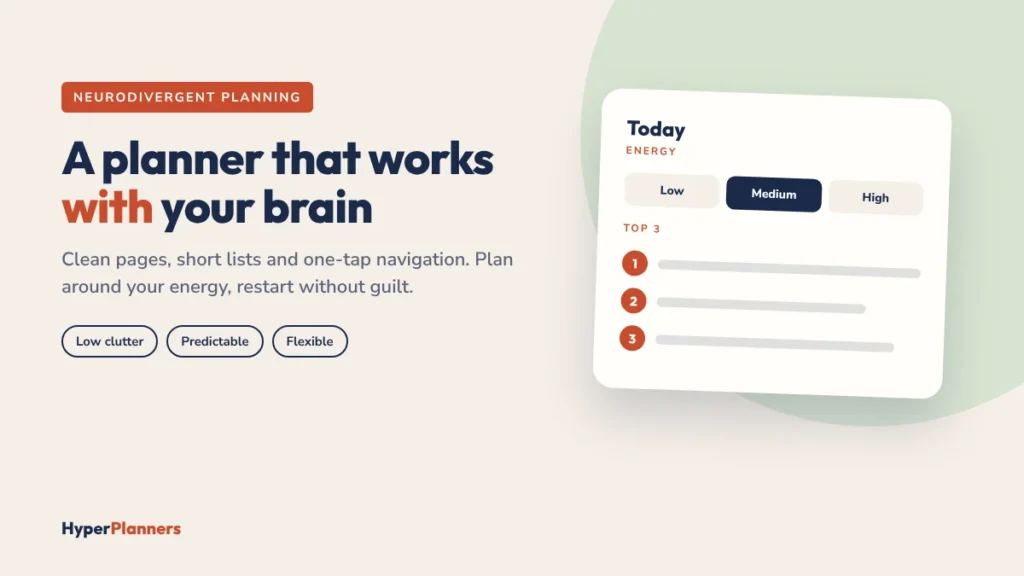 Neurodivergent friendly digital planner with an energy check and a daily Top 3