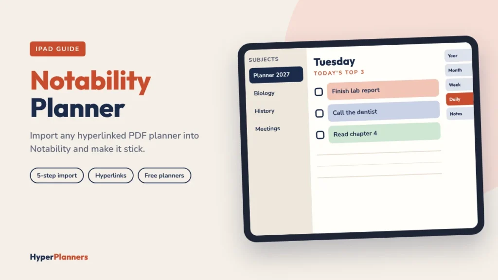 Notability planner on iPad with a daily Top 3 and hyperlinked tabs