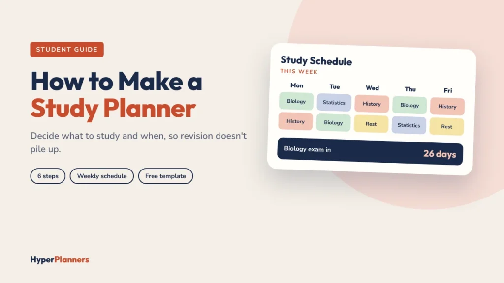 Study planner with a weekly study schedule and an exam countdown