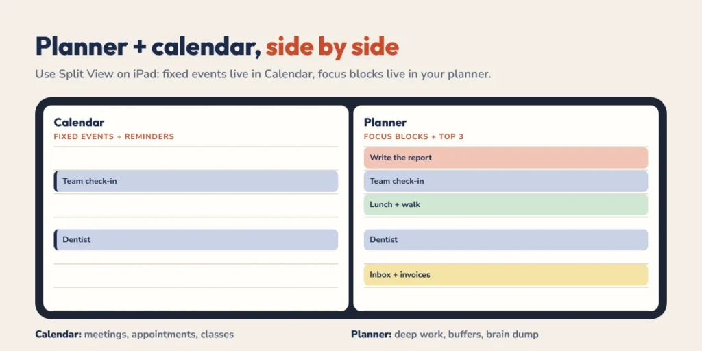 Time blocking on iPad with Apple Calendar and a digital planner side by side in Split View