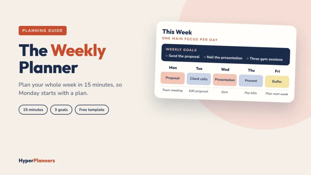 Weekly planner with three weekly goals and one main focus per day